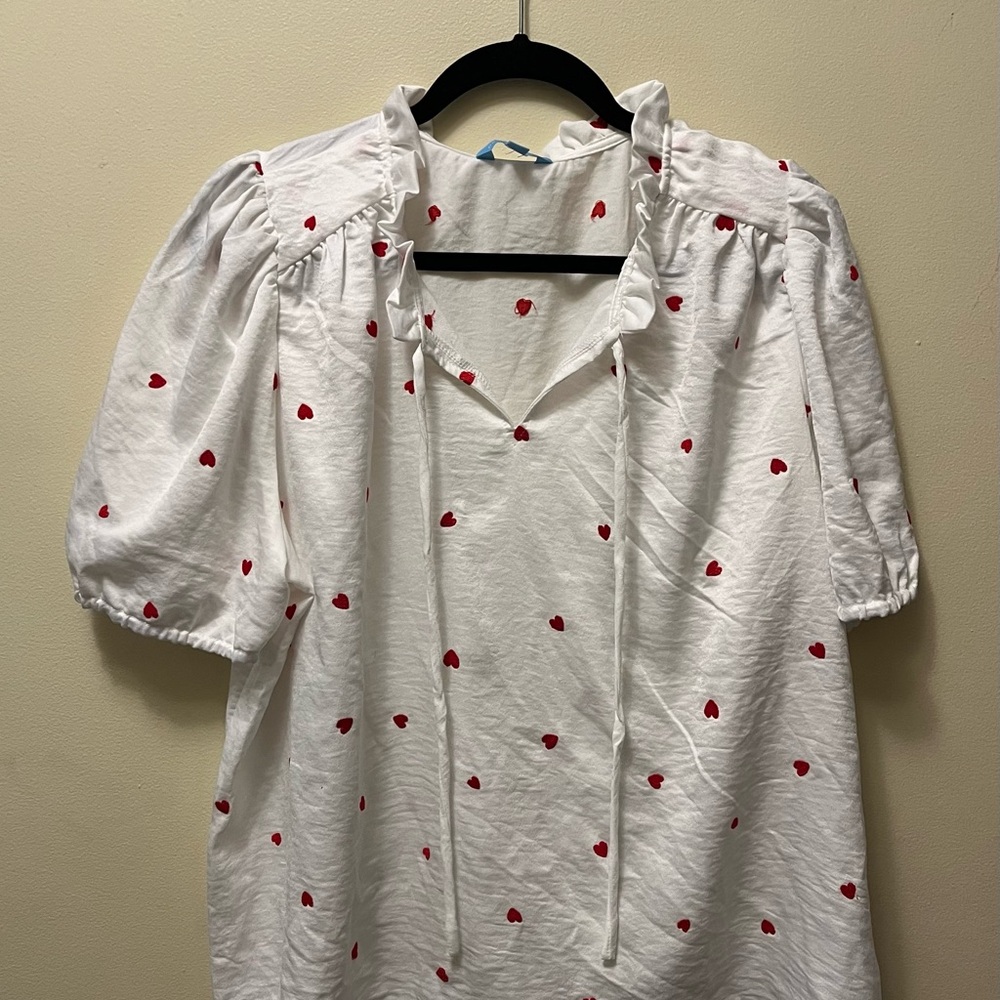 Draper James White Blouse with Red Heart Pattern